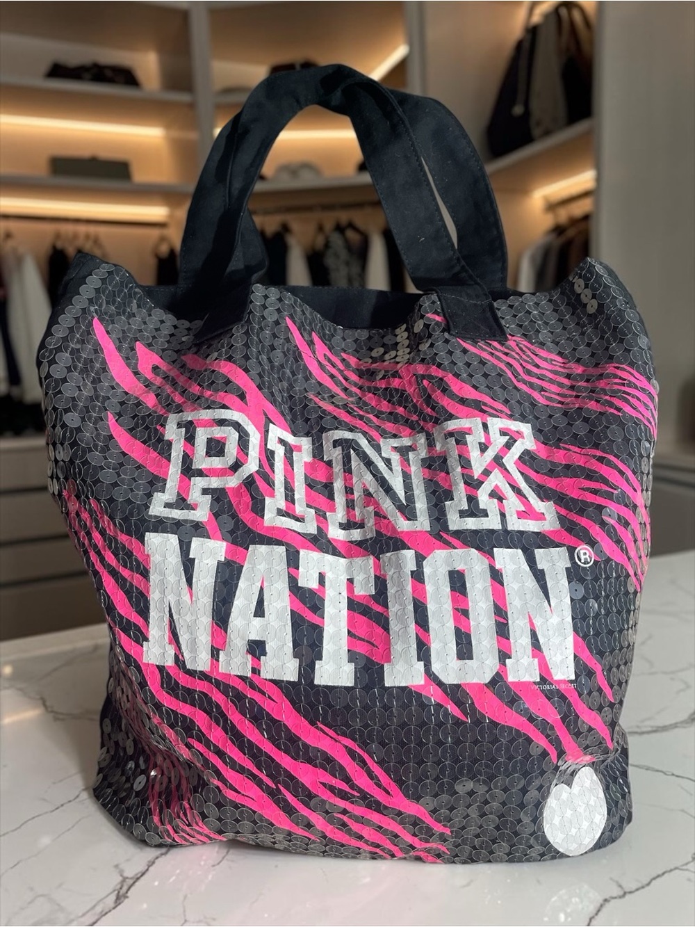 PINK Victoria's Secret Black & Hot Pink Sequin Zebra Tote
